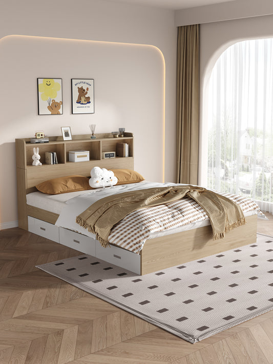 LUNA Storage Drawer Bed Frame with Headboard - Wooden Colour