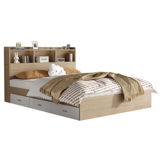 LUNA Storage Drawer Bed Frame with Headboard - Wooden Colour